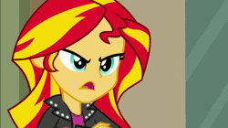 Size: 600x337 | Tagged: safe, artist:paragonaj, derpibooru import, edit, edited screencap, screencap, sunset shimmer, equestria girls, equestria girls (movie), :p, animated, derp, evil grin, face, faic, gif, glare, grin, silly, silly face, silly human, smiling, smirk, solo, tongue out, wall eyed, wat