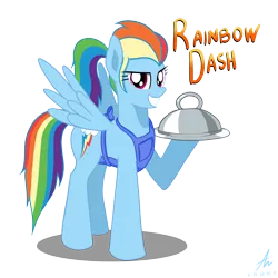 Size: 3000x3000 | Tagged: safe, artist:truffle shine, derpibooru import, rainbow dash, pegasus, pony, alternate hairstyle, apron, clothes, cosplay, costume, crossover, diner dash, female, flo (diner dash), food, grin, hoof hold, looking at you, mare, ponytail, pun, signature, simple background, smiling, smirk, solo, spread wings, transparent background, video game, waitress, wings