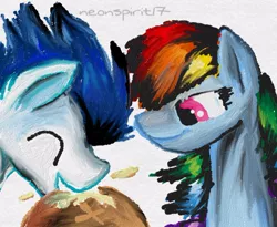 Size: 800x655 | Tagged: safe, artist:neonspirit17, derpibooru import, rainbow dash, soarin', pony, female, food, male, painting, pie, shipping, soarindash, straight, that pony sure does love pies