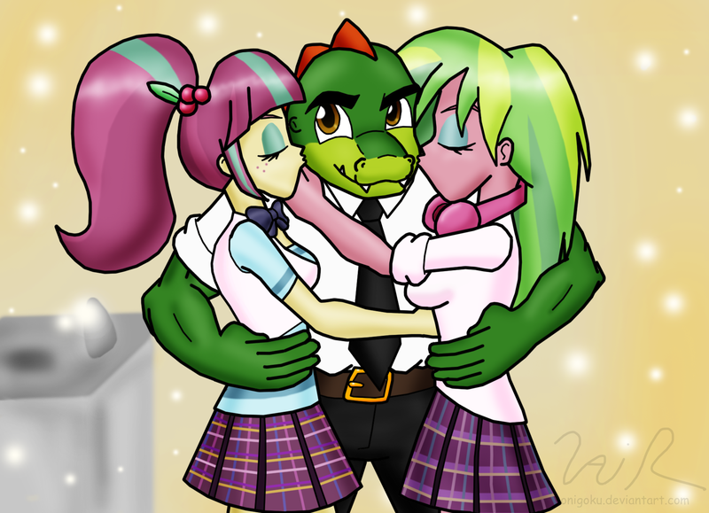 Size: 1753x1268 | Tagged: safe, artist:sonigoku, derpibooru import, lemon zest, sour sweet, equestria girls, friendship games, crossover, ponytail, sonic the hedgehog (series), vector the crocodile