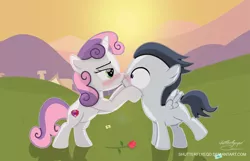 Size: 3015x1936 | Tagged: artist:shutterflyeqd, bipedal, cute, cutie mark, derpibooru import, female, flower, kissing, male, rose, rumbelle, rumble, safe, shipping, signature, straight, sweetie belle, the cmc's cutie marks, weapons-grade cute