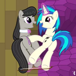 Size: 8000x8000 | Tagged: safe, artist:parclytaxel, derpibooru import, octavia melody, vinyl scratch, earth pony, pony, unicorn, .svg available, absurd resolution, bow (instrument), bowtie, butt, cello bow, cutie mark, female, glowing horn, hoof tickling, hooves, horn, laughing, lesbian, magic, mare, open mouth, plot, prehensile tail, scratchtavia, shipping, smiling, telekinesis, tickling, vector