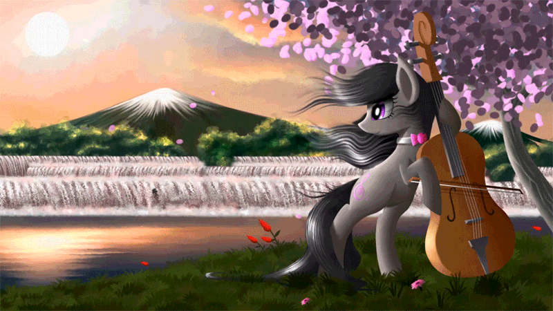 Size: 862x485 | Tagged: animated, artist:duskie-06, artist:equum_amici, bow (instrument), bowtie, cello, cello bow, cinemagraph, derpibooru import, gif, grass, hoof hold, mountain, musical instrument, octavia melody, playing, safe, scenery, signature, smiling, solo, tree, waterfall, wind, windswept mane