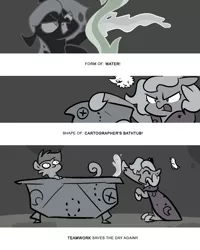 Size: 666x833 | Tagged: artist:egophiliac, cartographer's bathtub, changeling, changeling queen, changeling queen oc, derpibooru import, female, filly, inanimate tf, marauder's mantle, monochrome, moon roc, moonstuck, neo noir, oc, oc:danger mcsteele, oc:imogen, oc:pebbl, partial color, princess luna, safe, sea pony, thousand yard stare, transformation, woona, woonoggles, younger