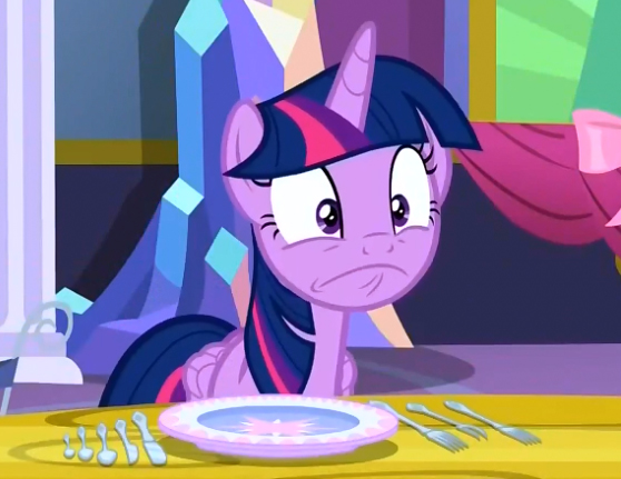 Size: 558x431 | Tagged: safe, derpibooru import, screencap, twilight sparkle, twilight sparkle (alicorn), alicorn, pony, no second prances, cropped, cutlery, faic, plates, proper silverware placement, solo, table, twilight's castle