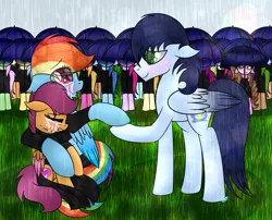 Size: 1024x829 | Tagged: safe, artist:northlights8, derpibooru import, rainbow dash, scootaloo, soarin', pony, fanfic, colored wings, crying, fanfic art, female, funeral, male, rain, scootalove, shipping, soarindash, straight, wet, wet mane, wings