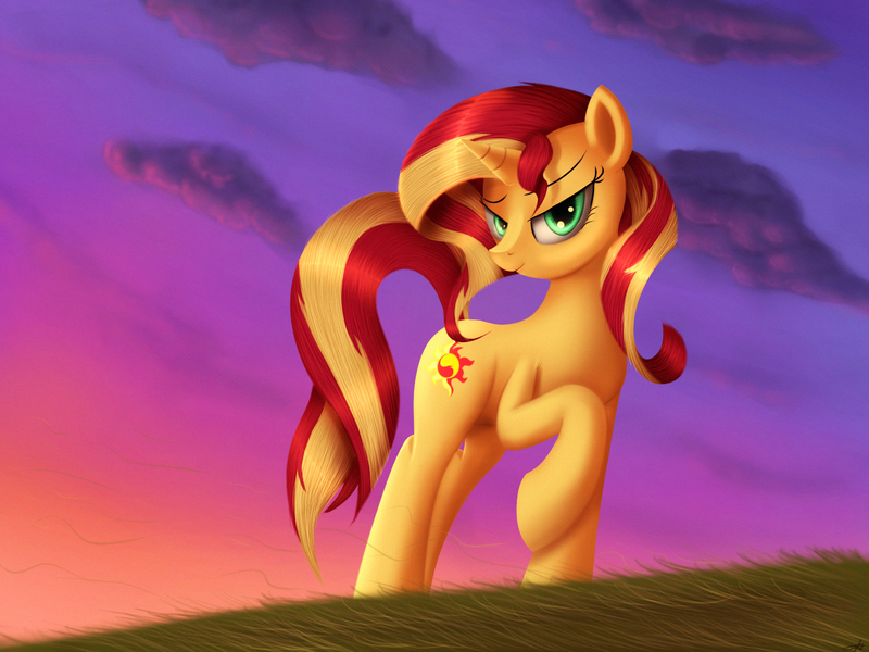 Size: 1500x1125 | Tagged: safe, artist:jeki, derpibooru import, sunset shimmer, pony, cloud, lidded eyes, looking at you, raised hoof, sky, smiling, solo, sunset, twilight (astronomy)