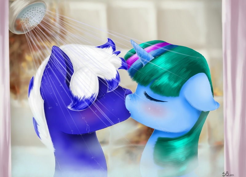 Size: 2500x1800 | Tagged: artist:shady-bush, chapter image, crystal (the last wanderer), derpibooru import, fallout equestria, fallout equestria: the last wanderer, fanfic art, kissing, oc, safe, shower, spoiler:the last wanderer, tornado (the last wanderer), unofficial characters only