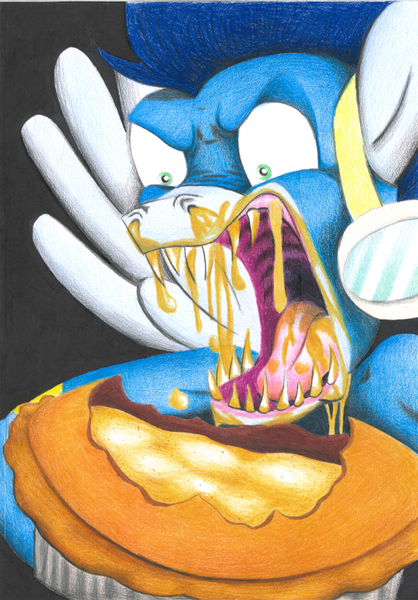 Size: 600x862 | Tagged: safe, artist:smokeymcdaniel, derpibooru import, soarin', pony, faic, food, messy eating, nightmare fuel, pie, sharp teeth, solo, teeth, that pony sure does love pies