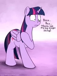 Size: 1500x2000 | Tagged: safe, artist:fynjy-87, derpibooru import, twilight sparkle, twilight sparkle (alicorn), alicorn, bee, insect, pony, dialogue, raised hoof, solo, wide eyes