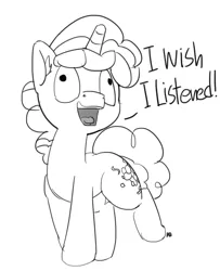 Size: 1280x1579 | Tagged: artist:pabbley, caption, derpibooru import, dialogue, exploitable meme, faic, i didn't listen, image macro, meme, monochrome, open mouth, party favor, safe, simple background, solo, text, white background