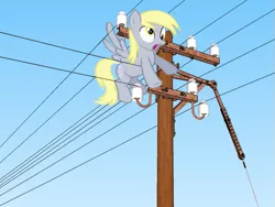 Size: 665x500 | Tagged: safe, derpibooru import, derpy hooves, pegasus, pony, electricity, female, funny, i just don't know what went wrong, imminent darwin award, imminent electrocution, mare, solo, telephone lines, telephone pole, this will end in death, this will end in tears, this will end in tears and/or death, too dumb to live