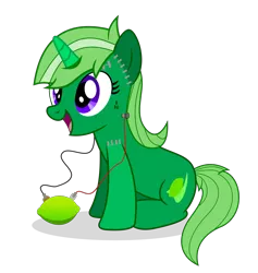 Size: 2999x3165 | Tagged: safe, artist:limedreaming, derpibooru import, oc, oc:lime dream, unofficial characters only, pony, unicorn, clothes, costume, cutie mark, female, food, frankenstein's monster, high res, lime, mare, nightmare night costume, simple background, sitting, smiling, solo, transparent background, vector