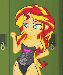 Size: 726x858 | Tagged: suggestive, derpibooru import, edit, edited screencap, screencap, sunset shimmer, equestria girls, equestria girls (movie), /mlp/, breast edit, breasts, busty sunset shimmer, clothes, corset, cropped, female, lingerie, lingerie edit, solo, solo female, thread, underwear, underwear edit