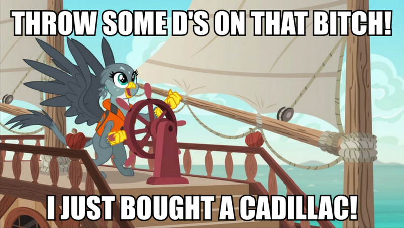 Size: 1065x600 | Tagged: safe, derpibooru import, edit, edited screencap, screencap, gabby, gryphon, the fault in our cutie marks, boat, caption, gabby's shanty, image macro, meme, ocean, rich boy, ship, solo, song reference, text, throw some d's, vulgar