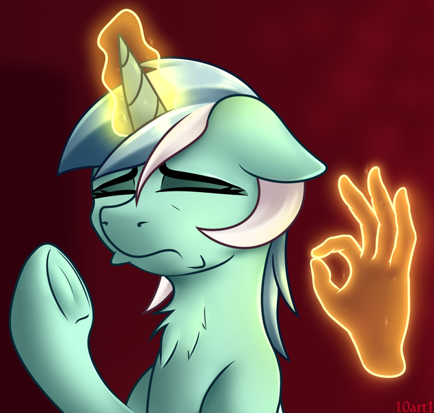 Size: 1576x1500 | Tagged: 👌, artist:10art1, derpibooru import, eyes closed, floppy ears, frown, hand, lyra doing lyra things, lyra heartstrings, magic, magic hands, meme, safe, solo, when x just right