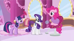 Size: 1024x576 | Tagged: safe, derpibooru import, screencap, pinkie pie, rarity, twilight sparkle, pony, it's about time, bag, chair, checklist, comb, magic, quill, saddle bag, scissors, sitting