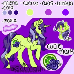 Size: 2000x2000 | Tagged: safe, artist:salmayn, derpibooru import, oc, oc:narándano, unofficial characters only, pony, unicorn, cutie mark, magic, reference sheet, solo, spanish, transparent mane, watermark, younger