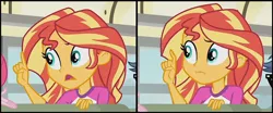 Size: 800x334 | Tagged: safe, derpibooru import, edit, edited screencap, editor:paragonaj, screencap, pinkie pie, sunset shimmer, equestria girls, legend of everfree, :i, argument, bus, can't argue with that, fgsfds, gesture, hand, pointing, reaction image