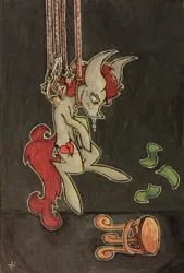 Size: 1964x2909 | Tagged: artist:monochromepony625, derpibooru import, hanging, hanging (by neck), hook, hooks, money, oc, oc:pin cushion, sadism, self harm, semi-grimdark, suicide, suicide as comedy, suspended, traditional art, unofficial characters only