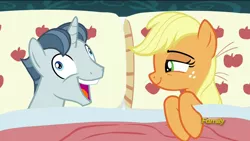 Size: 1280x720 | Tagged: 28 pranks later, applejack, applejack's bed partner, bed, caption, crossing the memes, derpibooru import, edit, edited screencap, exploitable meme, female, i didn't listen, image macro, male, meme, party favor, partyjack, pillow, safe, screencap, shipping, straight, text