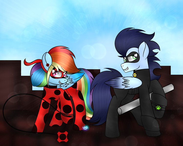 Size: 1024x819 | Tagged: safe, artist:northlights8, derpibooru import, rainbow dash, soarin', pony, chat noir, clothes, costume, crossover, female, male, miraculous ladybug, shipping, soarindash, straight