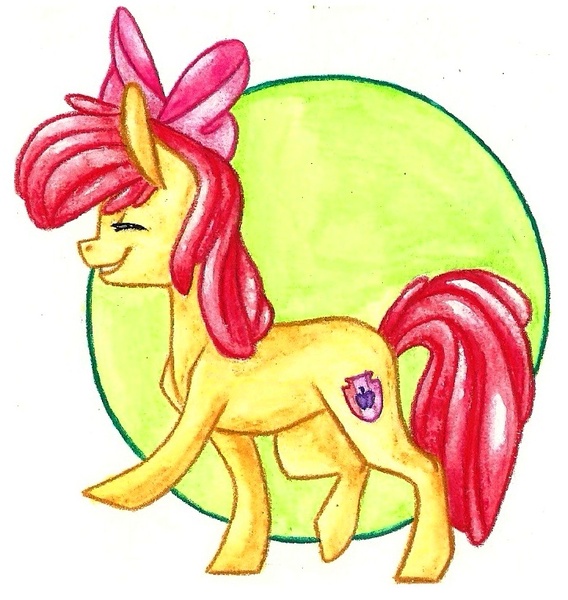 Size: 724x765 | Tagged: apple bloom, apple bloom's bow, artist:twixyamber, bow, derpibooru import, eyes closed, hair bow, safe, solo, traditional art, walking