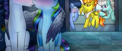 Size: 1023x434 | Tagged: safe, artist:northlights8, derpibooru import, fleetfoot, rainbow dash, soarin', spitfire, wave chill, pony, blushing, colored wings, female, fleetfoot the shipper, hug, imminent kissing, kissing, male, mobile phone, phone, shipper on deck, shipping, smartphone, soarindash, spitfire the shipper, straight, wave chill the shipper, winghug, wings
