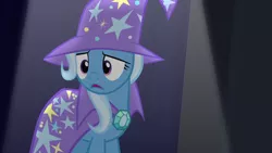 Size: 1280x720 | Tagged: safe, derpibooru import, screencap, trixie, pony, no second prances, cape, clothes, hat, solo, trixie's cape, trixie's hat