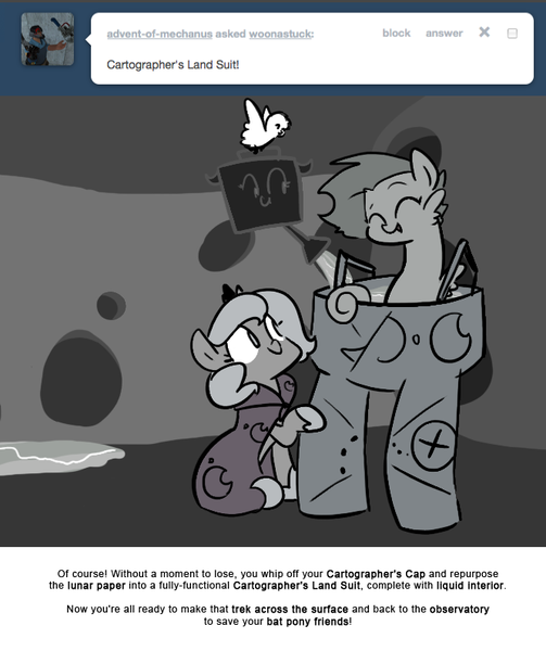 Size: 666x795 | Tagged: artist:egophiliac, cartographer's land suit, changeling, changeling oc, changeling queen, changeling queen oc, derpibooru import, female, filly, grayscale, marauder's mantle, monochrome, moon roc, moonstuck, oc, oc:danger mcsteele, oc:imogen, oc:pebbl, princess luna, safe, sea pony, water, woona, younger