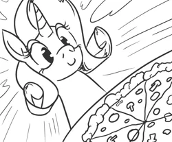 Size: 821x681 | Tagged: artist:jargon scott, black and white, bust, cadance's pizza delivery, derpibooru import, food, grayscale, monochrome, mushroom, pizza, portrait, rarity, rarity looking at food, safe, smiling, solo