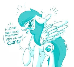 Size: 1500x1364 | Tagged: safe, artist:xieril, derpibooru import, oc, oc:spur bevel, unofficial characters only, pegasus, pony, angry, blatant lies, blushing, chest fluff, cute, cutie mark, female, i'm not cute, looking at you, monochrome, nervous, simple background, solo, spread wings, tsundere, white background, wingboner, wings