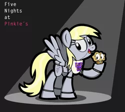 Size: 1354x1206 | Tagged: safe, artist:kingtoby19, derpibooru import, derpy hooves, pegasus, pony, animatronic, crossover, female, five nights at freddy's, five nights at pinkie's, food, mare, muffin, solo, spread wings, wings