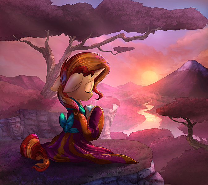 Size: 1200x1070 | Tagged: safe, artist:tsitra360, artist:vest, derpibooru import, sunset shimmer, pony, beautiful, clothes, collaboration, dress, drink, eyes closed, food, kimono (clothing), mountain, river, scenery, scenery porn, smiling, solo, sunset, tea