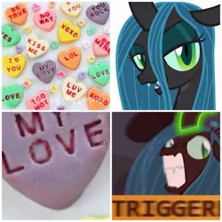 Size: 1280x1280 | Tagged: candy, changeling, derpibooru import, food, holiday, meme, queen chrysalis, safe, solo, triggered, valentine's day