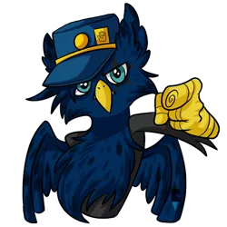 Size: 512x512 | Tagged: safe, artist:allocen, derpibooru import, oc, oc:eid, unofficial characters only, gryphon, cap, clothes, cosplay, costume, crossover, eared griffon, griffon oc, hat, jojo pose, jojo's bizarre adventure, looking at you, male, pointing, solo, telegram sticker, wings