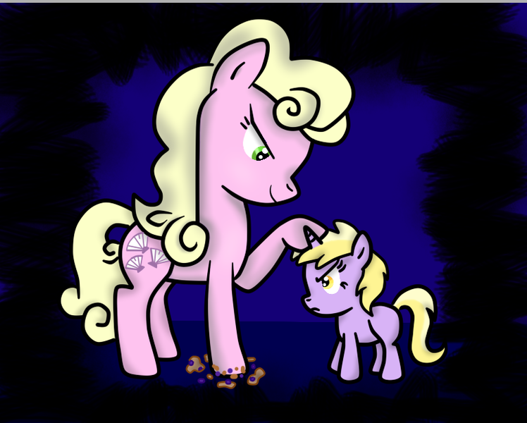 Size: 768x616 | Tagged: artist:purpleloverpony, aunt and niece, author:fluttercheer, blueberry muffin (food), derpibooru import, dinky hooves, fanfic, fanfic art, fanfic:aunt millie, food, millie, muffin, safe