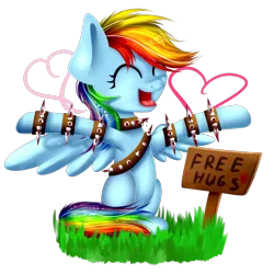 Size: 1861x1861 | Tagged: semi-grimdark, artist:lixthefork, derpibooru import, rainbow dash, pegasus, pony, blood, danger, free hugs, heart, it's a trap, missing cutie mark, sign, smiling, solo, spikes, this will end in death