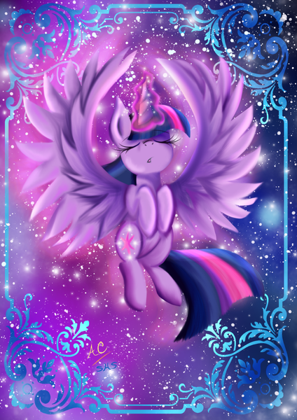 Size: 1024x1448 | Tagged: safe, artist:animechristy, derpibooru import, twilight sparkle, twilight sparkle (alicorn), alicorn, pony, eyes closed, magic, open mouth, solo, spread wings, wings