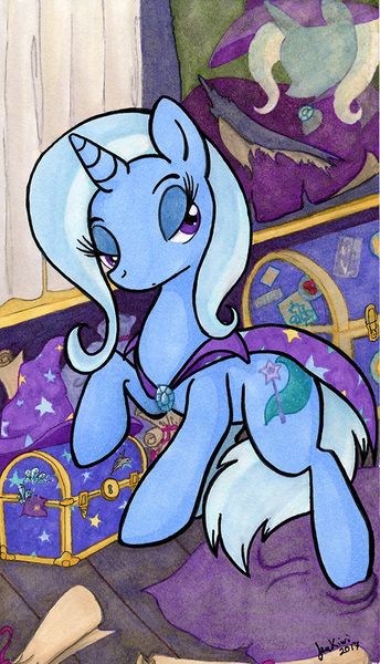 Size: 660x1151 | Tagged: safe, artist:jenkiwi, derpibooru import, trixie, pony, unicorn, cape, chest, clothes, female, lidded eyes, mare, solo, traditional art, trixie's cape