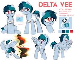 Size: 1280x1024 | Tagged: safe, artist:shinodage, derpibooru import, oc, oc:delta vee, unofficial characters only, pegasus, pony, bags under eyes, blushing, cigarette, clothes, cutie mark, delta vee's junkyard, equestrian flag, explosion, female, mare, match, red eyes, reference sheet, rocket, simple background, smoking, solo, tanktop, white background, wing hands, wings