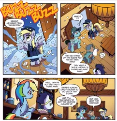 Size: 883x914 | Tagged: safe, artist:tonyfleecs, derpibooru import, idw, derpy hooves, jett glider, rainbow dash, soarin', split flap, pegasus, pony, spoiler:comic, spoiler:comicff36, bomber jacket, clothes, female, jacket, letter, mailmare, mare, mt. overhoot outpost, snow, uniform