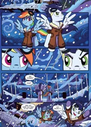 Size: 590x821 | Tagged: safe, artist:tonyfleecs, derpibooru import, idw, rainbow dash, soarin', pony, spoiler:comic, spoiler:comicff36, bomber jacket, clothes, flying, goggles, jacket, mt. overhoot outpost, snow, spread wings, wings