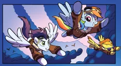 Size: 1359x747 | Tagged: safe, artist:tonyfleecs, derpibooru import, idw, rainbow dash, soarin', spitfire, pony, spoiler:comic, spoiler:comicff36, bomber jacket, clothes, cropped, flying, jacket, sunglasses