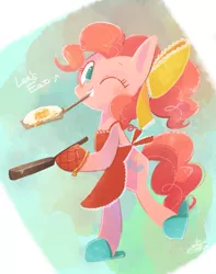 Size: 837x1063 | Tagged: safe, artist:sibashen, derpibooru import, pinkie pie, pony, apron, bipedal, blushing, bow, clothes, dialogue, egg (food), food, frying pan, hair bow, looking at you, music notes, one eye closed, slippers, smiling, solo, spatula, wink
