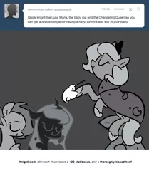 Size: 666x795 | Tagged: artist:egophiliac, ask, cartographer's unicycle, changeling, changeling oc, changeling queen, changeling queen oc, derpibooru import, eyes closed, female, filly, hoof kissing, knighting, marauder's mantle, monochrome, moon roc, moonstuck, neo noir, oc, oc:danger mcsteele, oc:imogen, oc:pebbl, partial color, princess luna, safe, sea pony, tumblr, woona, younger