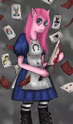 Size: 670x1132 | Tagged: grimdark, artist:black-claudia, derpibooru import, discord, flam, flim, pinkie pie, rainbow dash, twilight sparkle, anthro, earth pony, alice madness returns, american mcgee's alice, arm hooves, blood, clothes, flim flam brothers, knife, pinkamena diane pie, playing card, solo, vorpal blade