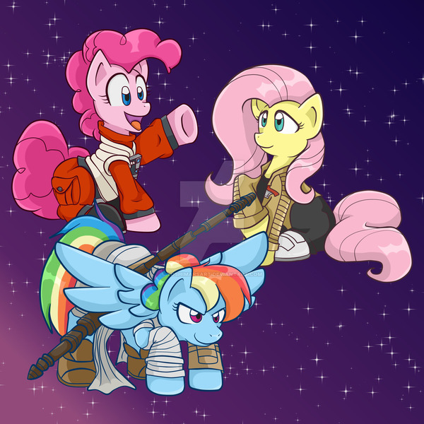 Size: 1024x1024 | Tagged: artist:yoshimarsart, clothes, cosplay, costume, derpibooru import, finn (star wars), fluttershy, pinkie pie, poe dameron, rainbow dash, rey, safe, star wars, star wars: the force awakens, watermark