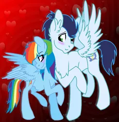 Size: 972x992 | Tagged: safe, artist:soarinrainbowdash3, derpibooru import, rainbow dash, soarin', pony, blushing, chest fluff, ear fluff, female, male, shipping, soarindash, straight