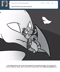 Size: 666x795 | Tagged: safe, artist:egophiliac, derpibooru import, princess luna, oc, oc:pebbl, oc:summer (egophiliac), pony, moonstuck, cartographer's cap, female, filly, grayscale, hat, marauder's mantle, monochrome, moon roc, woona, woonoggles, younger